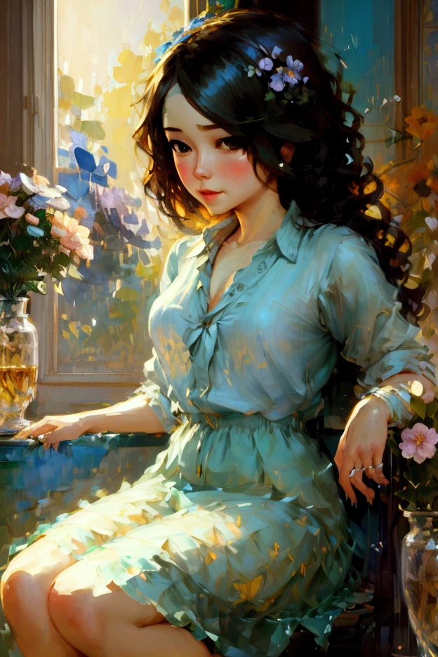 painting of a woman sitting on a bed with a flower in a vase, style of pino daeni, ( ( konstantin razumov ) ), inspired by Howard Chandler Christy, by Chen Chun, pino daeni, konstantin razumov, by Philip de László, by Howard Chandler Christy, by Lu Zhi, by Bian Shoumin