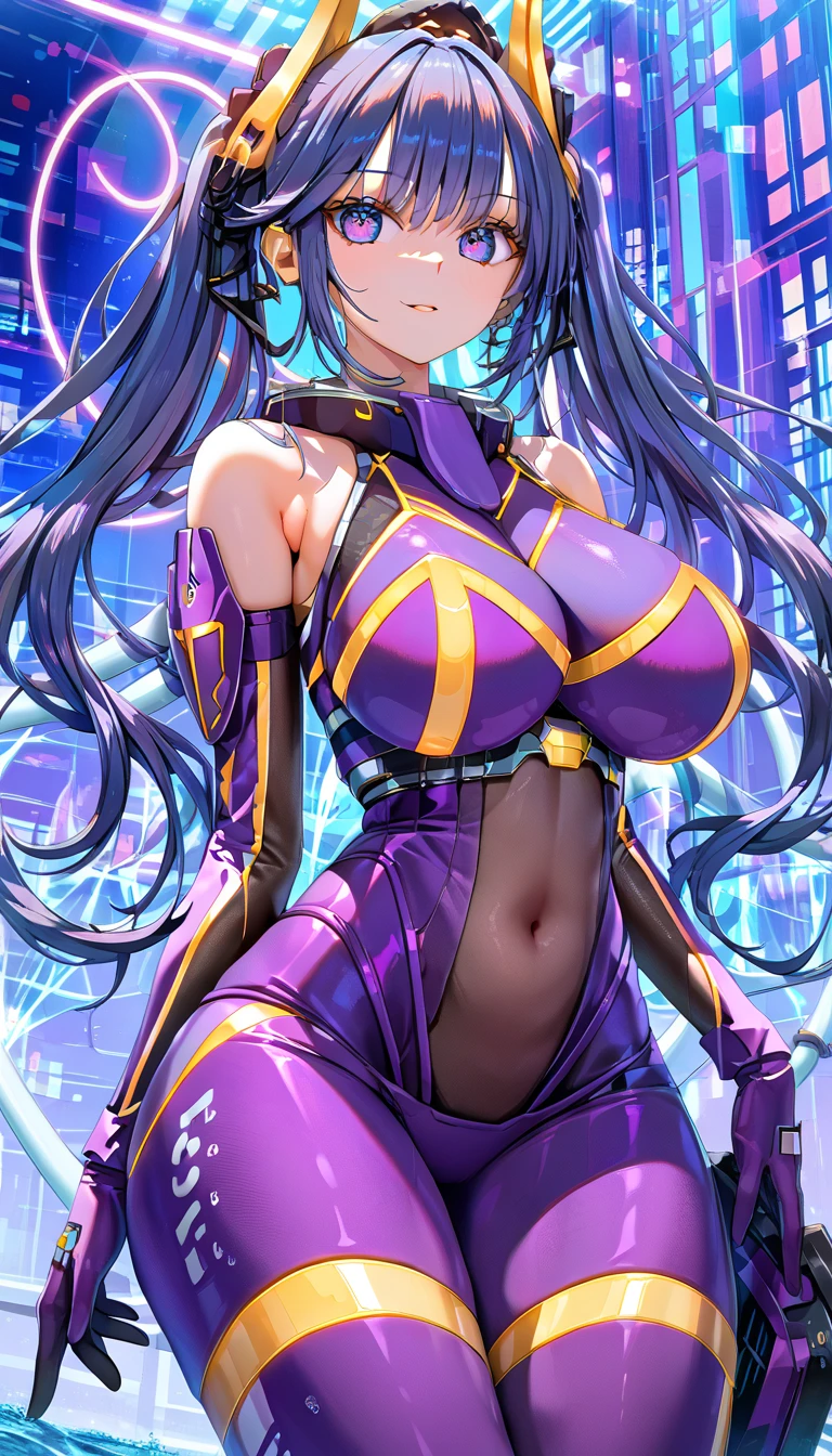 score_9, score_8_up, score_7_up, score_6_up, score_5_up, score_4_up, source_anime,  ip2, 1girl, headgear, bodysuit, bare shoulders, twintails, elbow gloves、thighs, sexy waist, rounded Big ass, sexy ass,thick_thighs, stunning, massive cleavage,stylish, detailed perfect eyes, ((massive natural breasts, huge boobs, massive body, sagging breasts,perfect breasts,large breasts)), massive body, small hip, curvy, huge ass