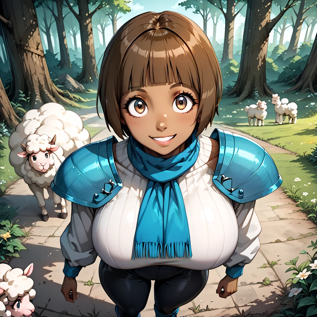 kuna2,  1girl. A medieval fantasy high angle portrait of 1girl, Mako Mankanshoku, mankanshokumako, brown eyes, brown hair, short hair, bob cut dressed in a (((white wool turtleneck))), light blue scarf, (((dark shoulder-pads))), tight black pants, high boots. She is smiling brightly, has short brown hair, big round eyes. She has huge breasts, massive breasts, massive boobs, thick thighs, very thick thighs. She is standing outside, in nature, forest. She is looking up at viewer. High quality, Best quality, high detail, (very detailed), super detailed, detailed clothes. masterpiece, best quality, amazing quality, very aesthetic, absurdres, newest, scenery,