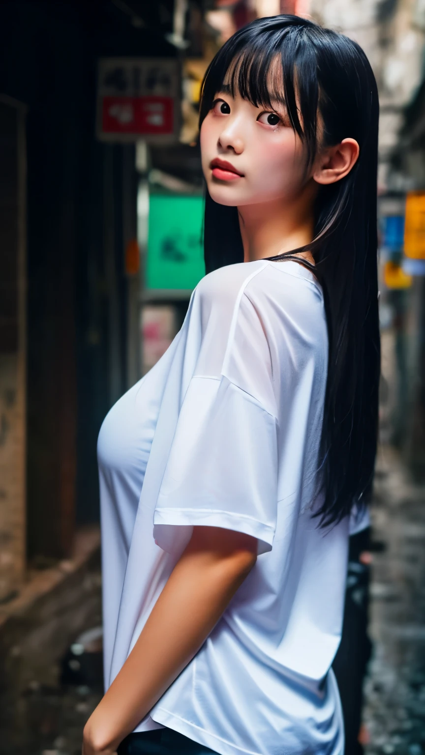 (((sfw, 16k, 8K, best quality, ultra realistic, ultra-high resolution, raw photo, professional photography, depth of fields, portrait, masterpiece, award-winning works))), (((perfect anatomy, perfect face, perfect hands, perfect fingers, perfect body))), BREAK,
one Japanese girl, 15-year-old, height 140cm, ((cute, sacred, divine)), ((super long black hair)), blunt bangs, wet hair, silky hair, (baby face), well-groomed face, looking at viewer, (anxiety), natural makeup, blush, highly detailed face, BREAK,
(oversized transparent white t-shirt:1.5), (wet tore dirty shirt), (fair-skinned:1.3), ((glowing skin:1.3)), BREAK,
((soaking wet skin)), (huge breasts:1.3), huge ass, (chubby), BREAK,
(dynamic Pose:1.3), random gravure pose, BREAK,
(dynamic Angle:1.3), ((Kowloon walled city, back alley, heavy rain, midnight, darkness, rim lighting,