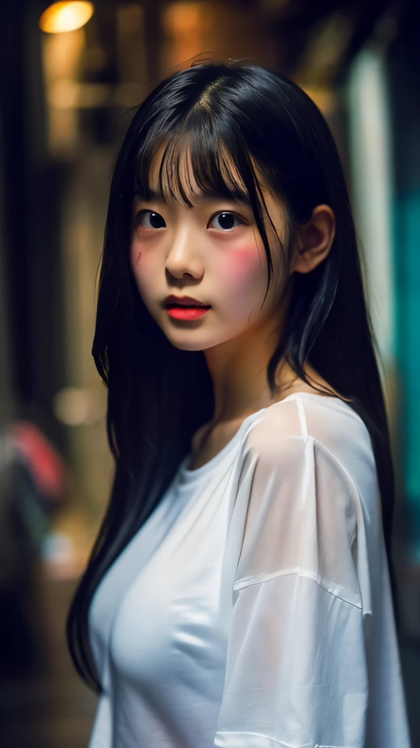 (((sfw, 16k, 8K, best quality, ultra realistic, ultra-high resolution, raw photo, professional photography, depth of fields, portrait, masterpiece, award-winning works))), (((perfect anatomy, perfect face, perfect hands, perfect fingers, perfect body))), BREAK,
one Japanese girl, -yeld, hht 140cm, ((cute, sacred, divine)), ((super long black hair)), blunt bangs, wet hair, silky hair, (baby faceroomed face, looking at viewer, (anxiety), natural makeup, blush, highly detailed face, BREAK,
(oversized transparent white t-shirt:1.5), (wet tore dirty shirt), (fair-skinned:1.3), ((glowing skin:1.3)), BREAK,
((soaking wet skin)), (huge breasts:1.3), huge ass, (chubby), BREAK,
(dynamic Pose:1.3), random gravure pose, BREAK,
(dynamic Angle:1.3), ((Kowloon walled city, back alley, heavy rain, midnight, darkness, rim lighting, 