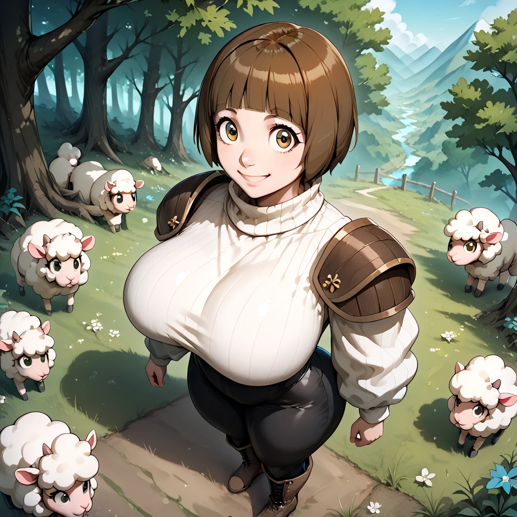 kuna2,  1girl. A medieval fantasy high angle portrait of 1girl, Mako Mankanshoku, mankanshokumako, brown eyes, brown hair, short hair, bob cut dressed in a ((((white wool turtleneck)))), scarf, (((dark shoulder-pads))), tight black pants, high boots. She is smiling brightly, has short brown hair, big round eyes. She has huge breasts, massive breasts, massive boobs, thick thighs, very thick thighs. She is standing outside, in nature, forest. She is looking up at viewer. High quality, Best quality, high detail, (very detailed), super detailed, detailed clothes. masterpiece, best quality, amazing quality, very aesthetic, absurdres, newest, scenery,