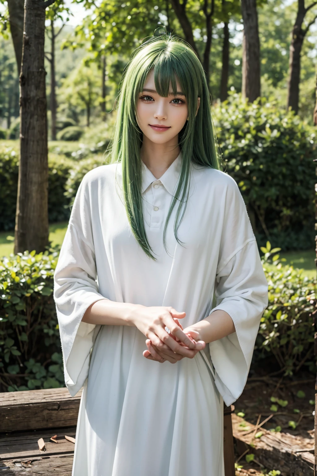 masterpiece,  top quality, Enkidu, White,  upper body,  gentle smile , standing,  Watch Viewers , forest ,one piece of cloth, green hair, (forward hand)