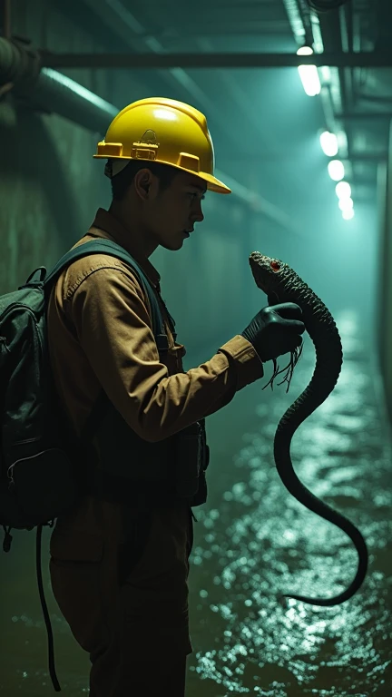 worm-like creature in the sewers, a lone Asian worker in a hard hat holding the creature and looking at him, atmospheric horror lighting, highly detailed organic textures, cinematic still with intense visual depth, 4K photorealism, close up.