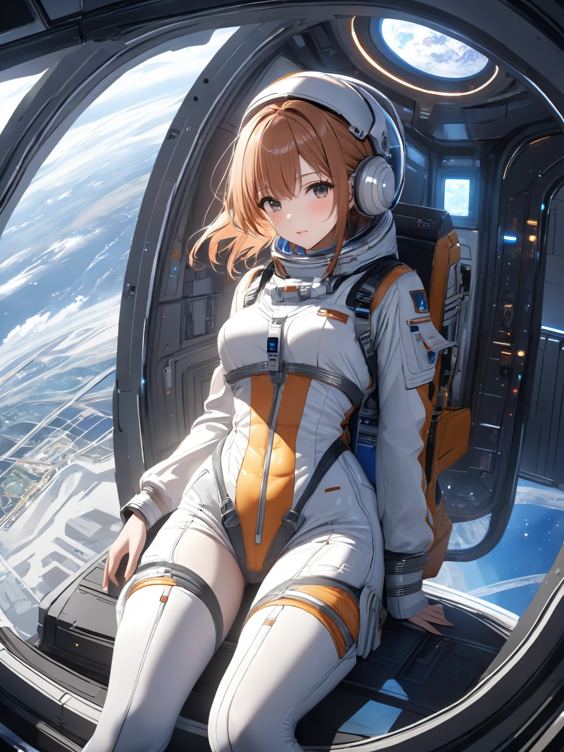 absurd res, A high resolution, (巨作:1.4), A highly detailed, 1girll, From above, space, Floating, space suit, Sharp focus, (Cinematic lighting), (1girll), Slight smile