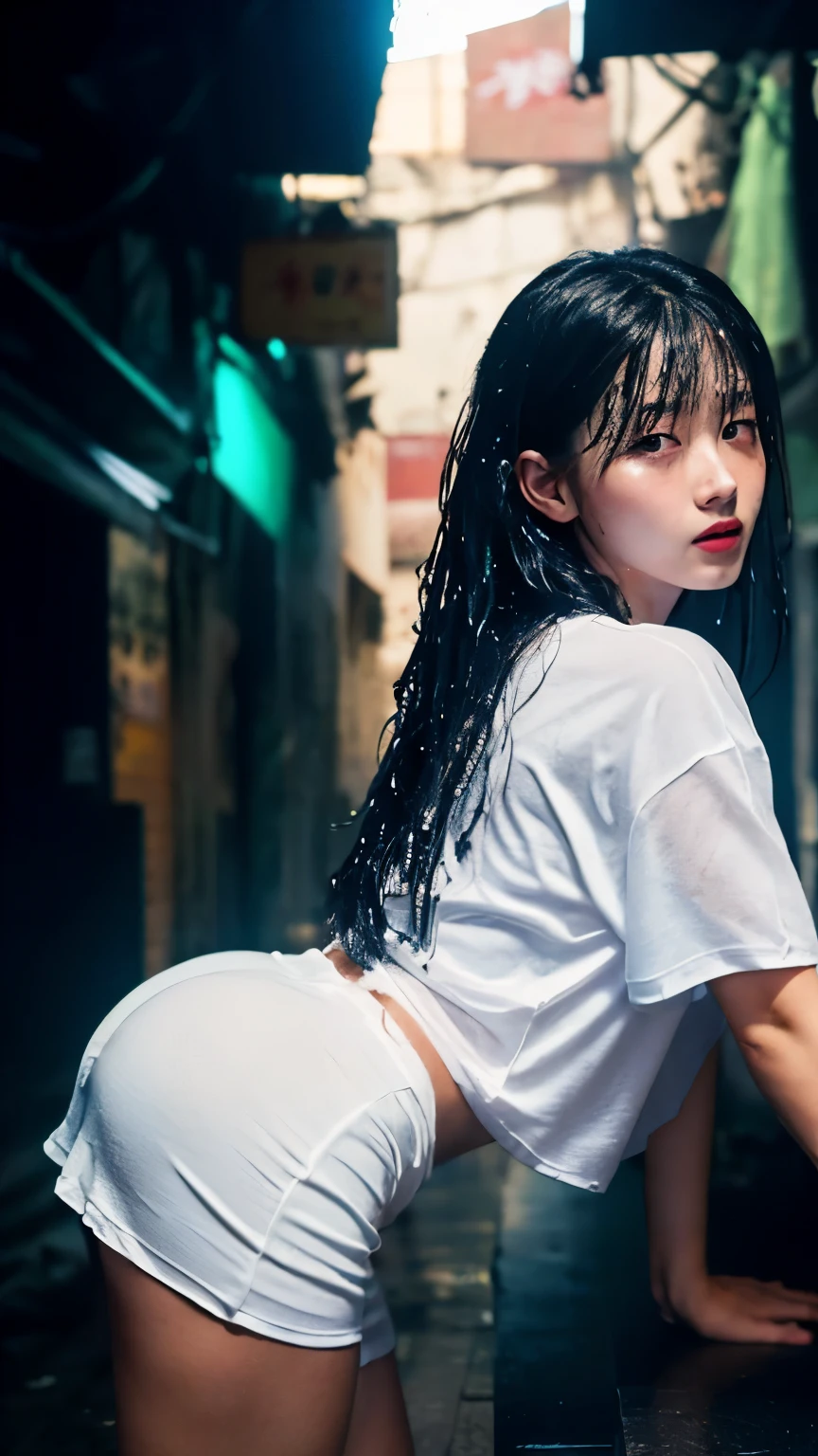 (((sfw, 16k, 8K, best quality, ultra realistic, ultra-high resolution, raw photo, professional photography, depth of fields, portrait, masterpiece, award-winning works))), (((perfect anatomy, perfect face, perfect hands, perfect fingers, perfect body))), BREAK,
one Japanese girl, 15-year-old, height 140cm, ((cute)), ((super long black hair)), blunt bangs, wet hair, silky hair, (baby face), well-groomed face, looking at viewer, (anxiety), natural makeup, blush, highly detailed face, BREAK,
(oversized transparent white t-shirt:1.5), (wet tore dirty shirt), bottomless, (fair-skinned:1.3), ((glowing skin:1.3)), BREAK,
((soaking wet skin)), (huge breasts:1.3), huge ass, (chubby), BREAK,
(dynamic Pose:1.3), random gravure pose, BREAK,
(dynamic Angle:1.3), ((Kowloon walled city, back alley, heavy rain, midnight, darkness, rim lighting,