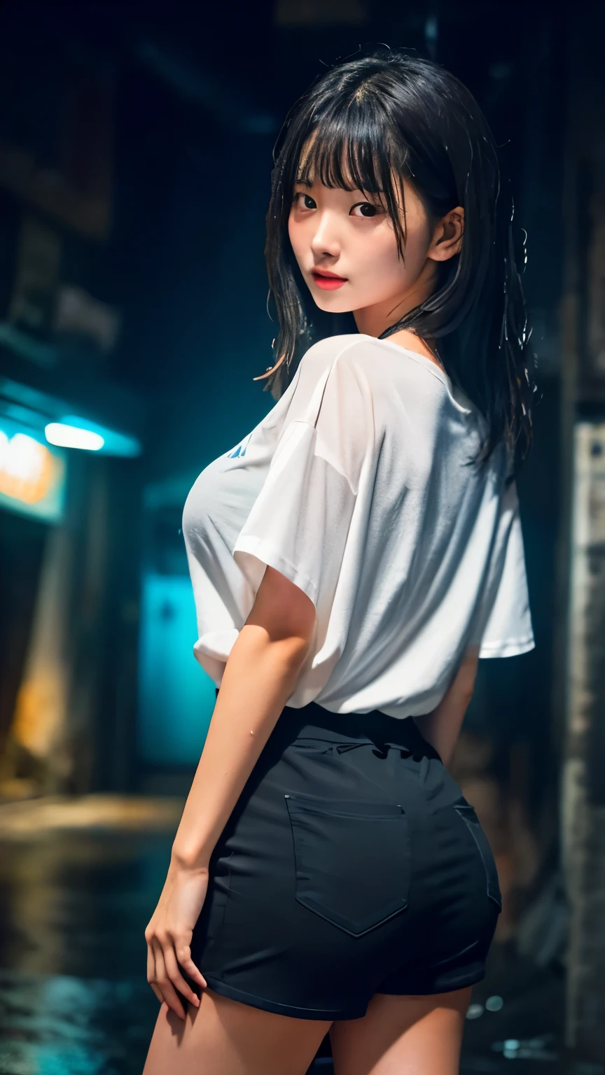 (((sfw, 16k, 8K, best quality, ultra realistic, ultra-high resolution, raw photo, professional photography, depth of fields, portrait, masterpiece, award-winning works))), (((perfect anatomy, perfect face, perfect hands, perfect fingers, perfect body))), BREAK,
one Japanese girl, 15-year-old, height 140cm, ((cute)), ((super long black hair)), blunt bangs, wet hair, silky hair, (baby face), well-groomed face, looking at viewer, (anxiety), natural makeup, blush, highly detailed face, BREAK,
(oversized transparent white t-shirt:1.5), (wet tore dirty shirt), bottomless, (fair-skinned:1.3), ((glowing skin:1.3)), BREAK,
((soaking wet skin)), (huge breasts:1.3), huge ass, (chubby), BREAK,
(dynamic Pose:1.3), random gravure pose, BREAK,
(dynamic Angle:1.3), ((Kowloon walled city, back alley, heavy rain, midnight, darkness, rim lighting,