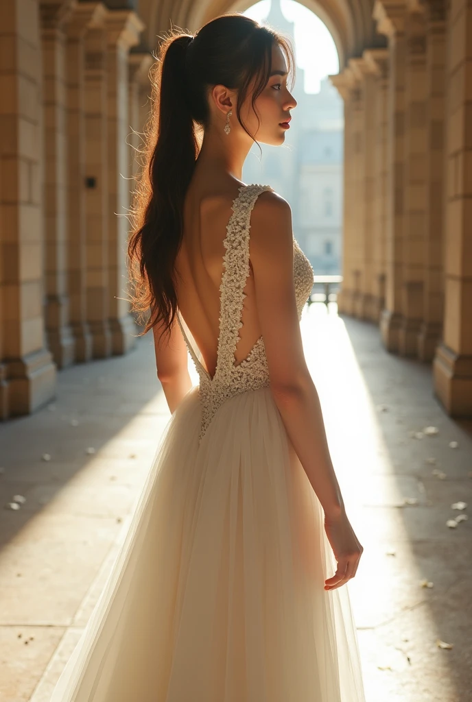 woman prone on her knees in a maxi knit dress, rear view angle fully