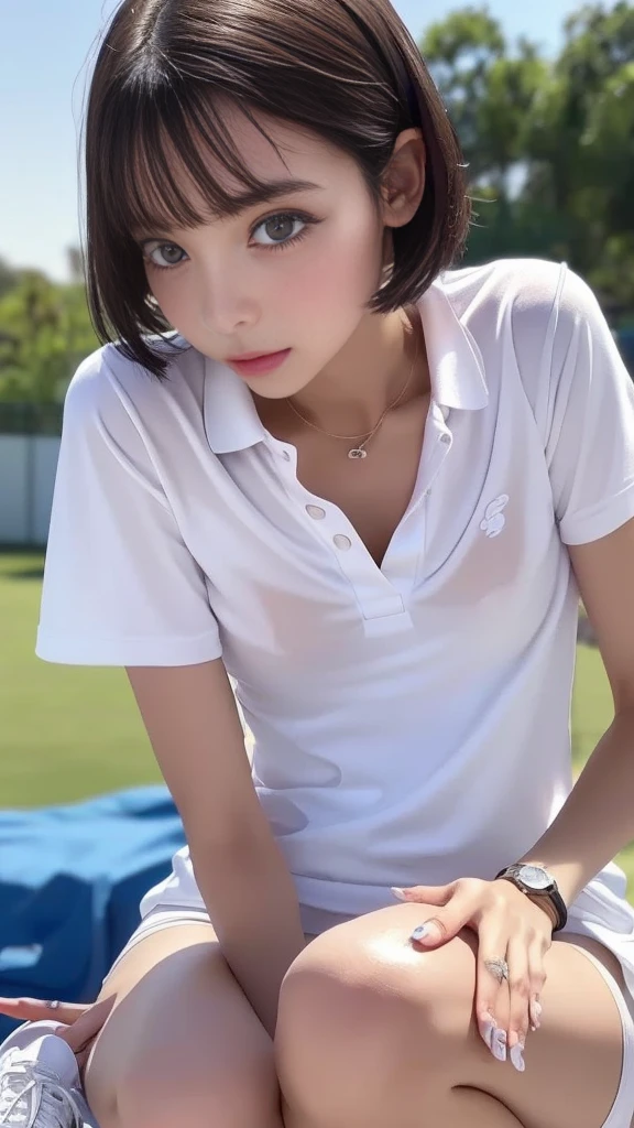 a 1girl, 独奏, white polo shirt, white sneakers, Tennis clothing, white mini skirt, tmasterpiece, beste-Qualit, realisti, hyper-detalied, (sparkly skin, sweaty:1.4), little chest, looking a viewer, short black hair, brown eye, well-proportioned, dinamic lighting, hight resolution, Sharp focus, Depth of field, A detailed eye, Sharp pupils, Realistic pupils