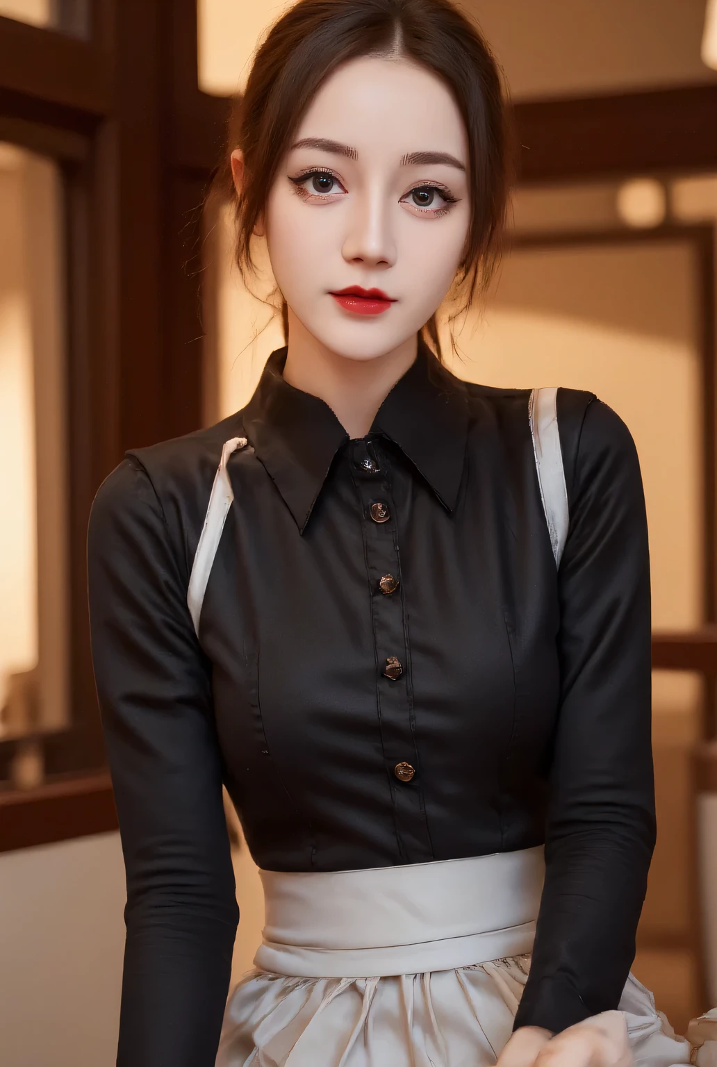  a waiter sitting facing the front ,  using the uniform of servants of black color with white apron, black long skirt, whole body, lips of a thick dark red color,
