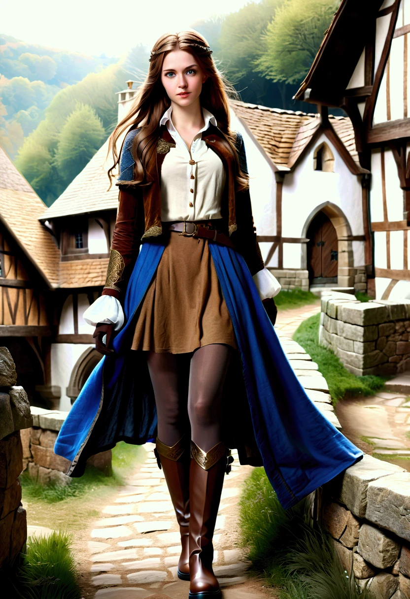 background=medieval landscape ; character=25 year old girl, long brown hair, blue eyes ; character's clothes=medieval white shirt+medieval brown jacket+medieval brown gloves+medieval brown skirt+black transparent tights+brown medieval boots.