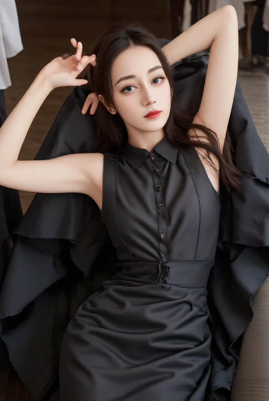 a waiter sleeps on his back, using a black waitress uniform with a white apron, black long skirt, whole body, lips of black color ,