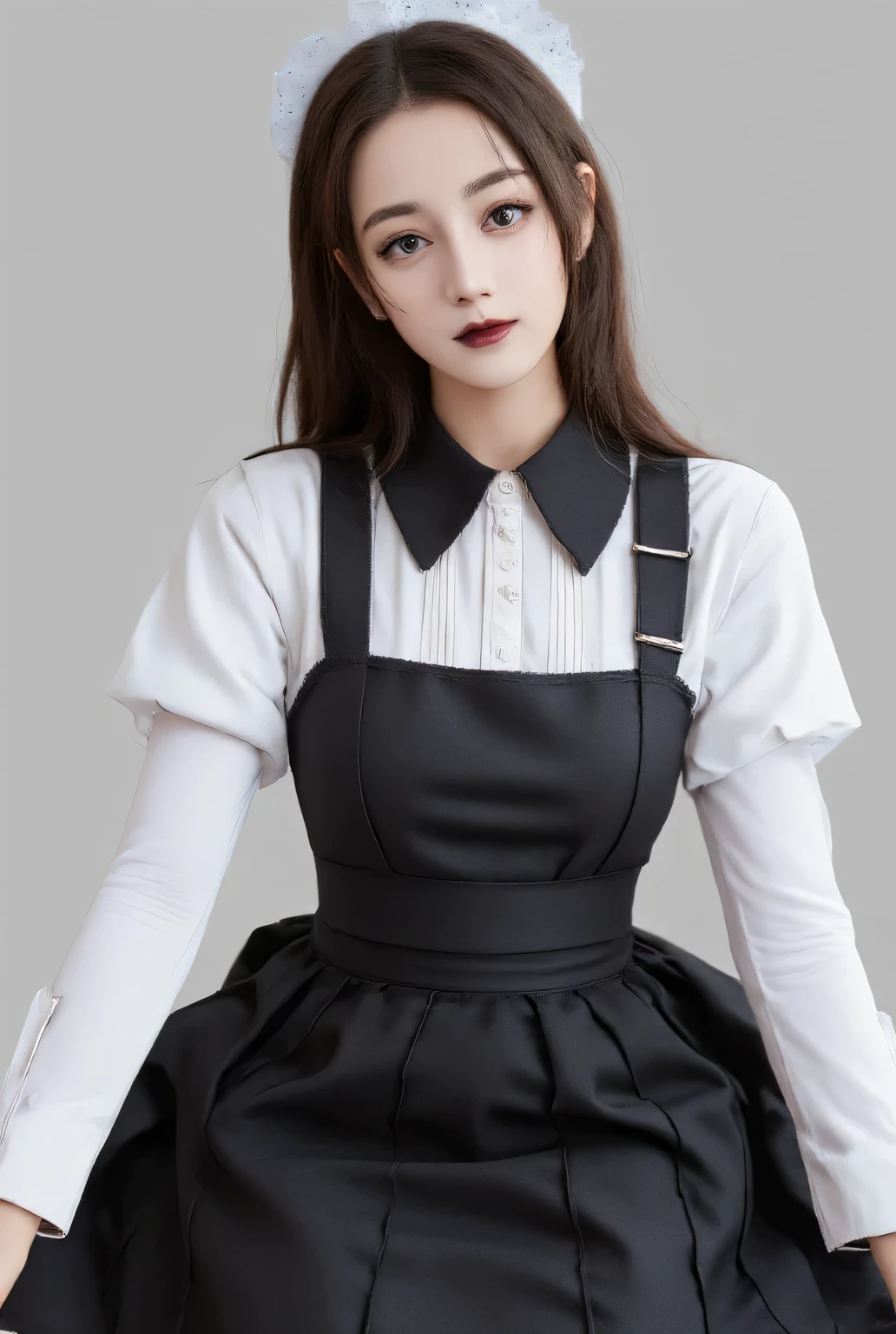 a waiter sitting facing the front , using the uniform of servants of black color with white apron, black long skirt, whole body, lips of black color ,