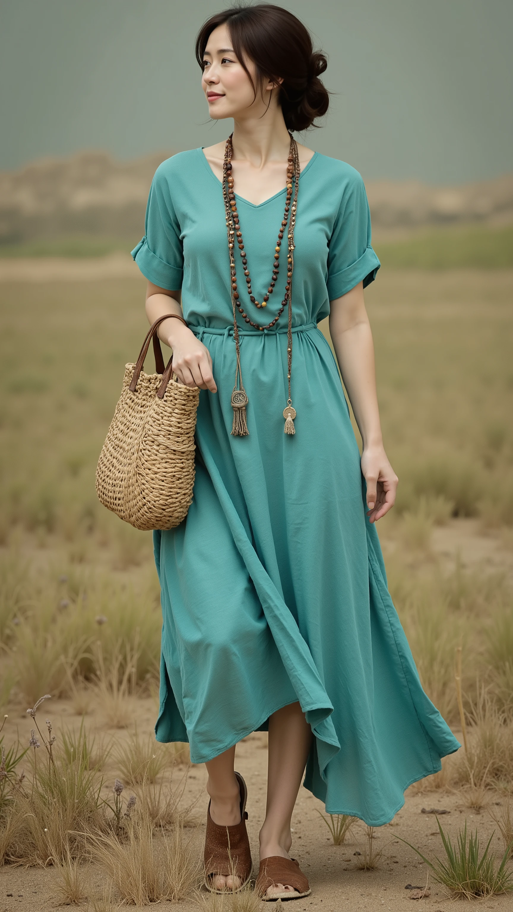 UHD, 16k, Masterpiece, top quality, Surrealism, Korean middle-aged woman, ((loose bun)), (( fair and clean skin)), ((  Turquoise knee-length linen dress with short sleeves, asymmetrical hemline longer at the back than at the front, long beaded necklace, woven tote bag, brown shoes, bohemian aesthetic, )) ((seductive pose))