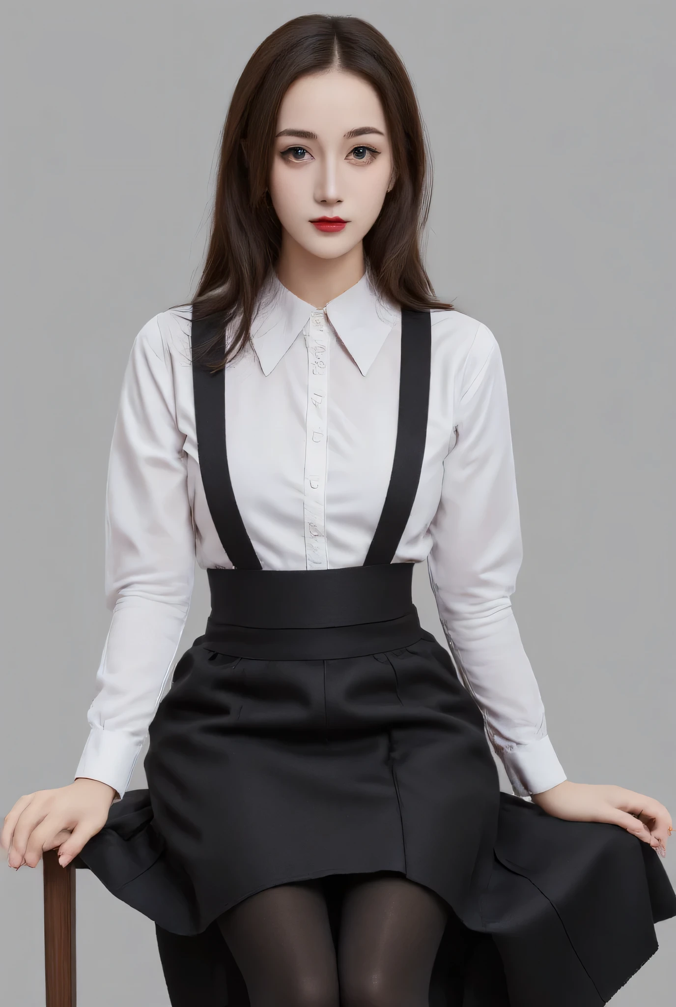 a waiter sitting facing the front , using the uniform of servants of black color with white apron, black long skirt, whole body, lips of black color ,