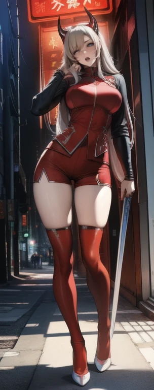 Random Full Body:4 Cardinal Point Views, masutepiece, Lucia_Crimson_weave, Heterochromia, Black Bikini, bandaged arms, White jacket, Red goggles around the neck, Looking at Viewer, Upper body, ((View from below)), NSFW