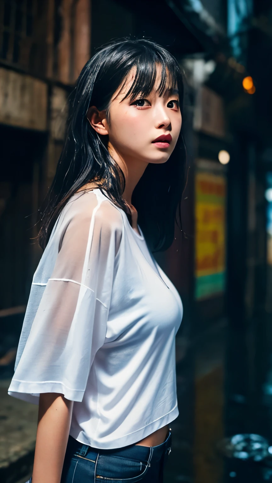 (((sfw, 16k, 8K, best quality, ultra realistic, ultra-high resolution, raw photo, professional photography, depth of fields, portrait, masterpiece, award-winning works))), (((perfect anatomy, perfect face, perfect hands, perfect fingers, perfect body))), BREAK,
one Japanese girl, -yeld, hht 140cm, ((cute)), ((super long black hair)), blunt bangs, wet hair, silky hair, (baby faceroomed face, looking at viewer, (anxiety), natural makeup, blush, highly detailed face, BREAK,
(oversized loose transparent white t-shirt:1.5), (wet tore dirty shirt), bottomless, (fair-skinned:1.3), ((glowing skin:1.3)), BREAK,
((soaking wet skin)), (huge breasts:1.3), huge ass, (chubby), BREAK,
(dynamic Pose:1.3), random pose, BREAK,
(dynamic Angle:1.3), ((Kowloon walled city, back alley, heavy rain, midnight, darkness, rim lighting,