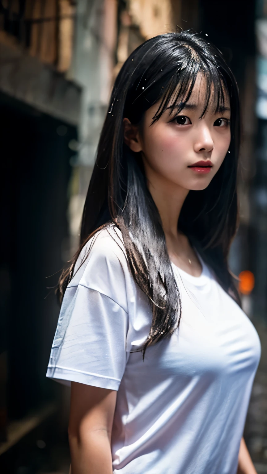 (((sfw, 16k, 8K, best quality, ultra realistic, ultra-high resolution, raw photo, professional photography, depth of fields, portrait, masterpiece, award-winning works))), (((perfect anatomy, perfect face, perfect hands, perfect fingers, perfect body))), BREAK,
one Japanese girl, -yeld, hht 140cm, ((cute)), ((super long black hair)), blunt bangs, wet hair, silky hair, (baby faceroomed face, looking at viewer, (anxiety), natural makeup, blush, highly detailed face, BREAK,
(oversized loose transparent white t-shirt:1.5), (wet tore dirty shirt), bottomless, (fair-skinned:1.3), ((glowing skin:1.3)), BREAK,
((soaking wet skin)), (huge breasts:1.3), huge ass, (chubby), BREAK,
(dynamic Pose:1.3), random pose, BREAK,
(dynamic Angle:1.3), ((Kowloon walled city, back alley, heavy rain, midnight, darkness, rim lighting, 