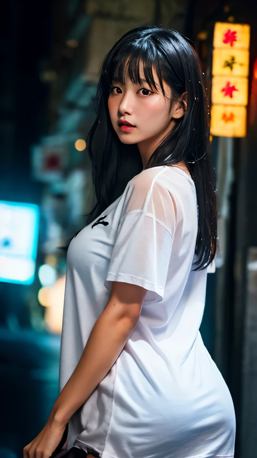 (((sfw, 16k, 8K, best quality, ultra realistic, ultra-high resolution, raw photo, professional photography, depth of fields, portrait, masterpiece, award-winning works))), (((perfect anatomy, perfect face, perfect hands, perfect fingers, perfect body))), BREAK,
one Japanese girl, -yeld, hht 140cm, ((cute)), ((super long black hair)), blunt bangs, wet hair, silky hair, (baby faceroomed face, looking at viewer, (anxiety), natural makeup, blush, highly detailed face, BREAK,
(oversized loose transparent white t-shirt:1.5), (wet tore dirty shirt), bottomless, (fair-skinned:1.3), ((glowing skin:1.3)), BREAK,
((soaking wet skin)), (huge breasts:1.3), huge ass, (chubby), BREAK,
(dynamic Pose:1.3), random pose, BREAK,
(dynamic Angle:1.3), ((Kowloon walled city, back alley, heavy rain, midnight, darkness, rim lighting,