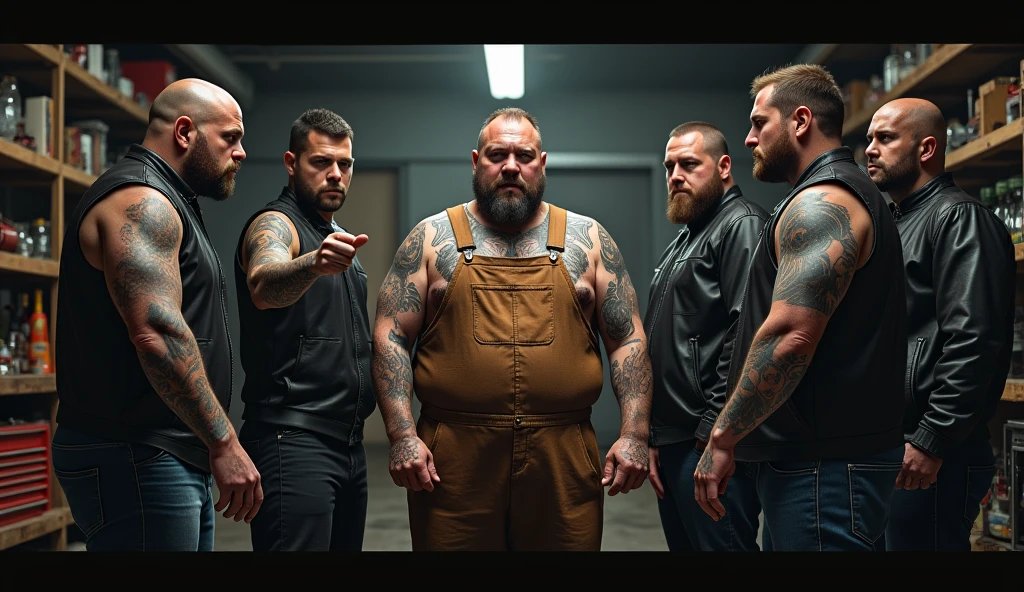 Three man 60 age man, muscular fat hairy body, hairy chest, thick chains collar, bdsm gears, leather harness, age 60, chubby muscle white men, opening formal suit, daddy, hairy bear belly, big dirty bulge pants