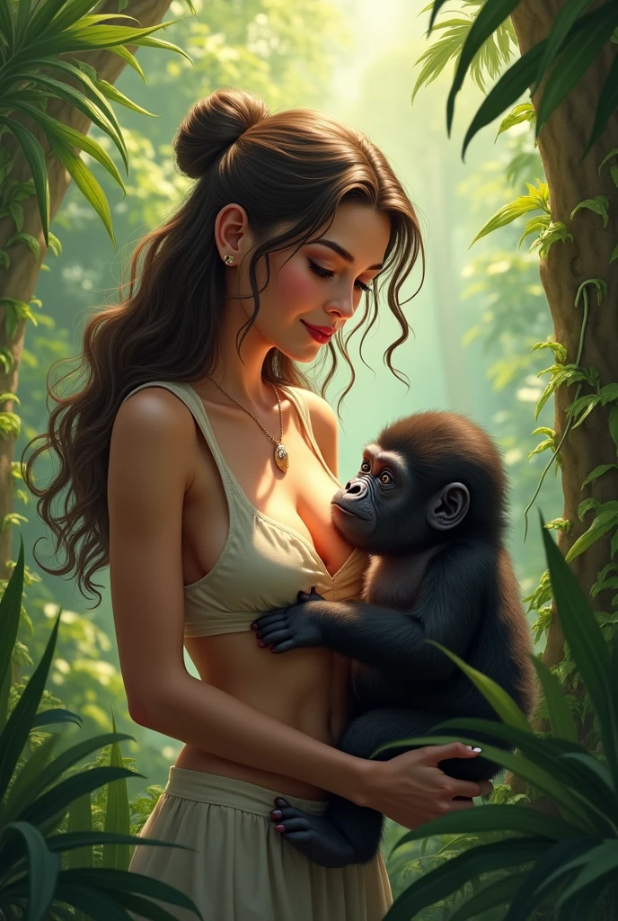 A black girl having sex with a big male monkey in the jungle, hyper realistic