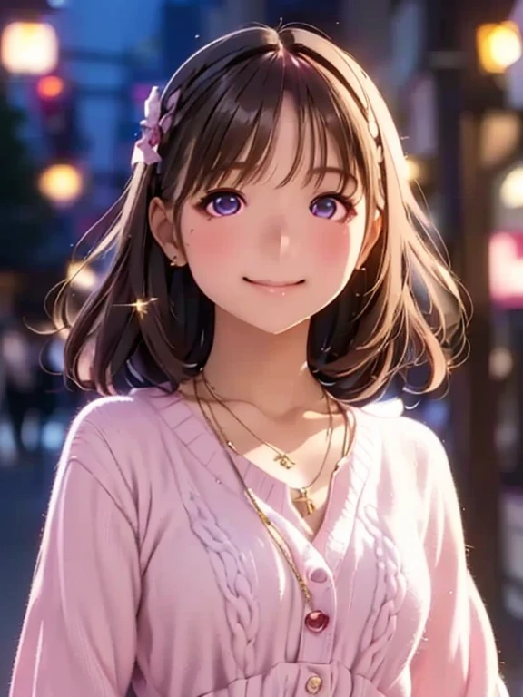     High Definition ,In 8K,  top quality ,  Details, semi-realistic anime , D-anime style ,  Smooth Anime CG  ,  one girl,  19-year-old Japanese woman on a luxury liner  , (( beauty)),  slim,modeling,((輝く瞳)),(( medium hair with double swords)),(( beautiful straight hair )),(( pink knit dress)),(( necklace)),(( Maroon Sparkling Hair )),  pink lips,  shiny brown hair ,  Detailsな顔,Beautiful and  Details,,(( Deep Blue-Purple Sparkling Eyes )),(( close your mouth)),(Smile),((Harajuku Alley )),(( beautiful light up bokeh background  )),(( look at the camera)),