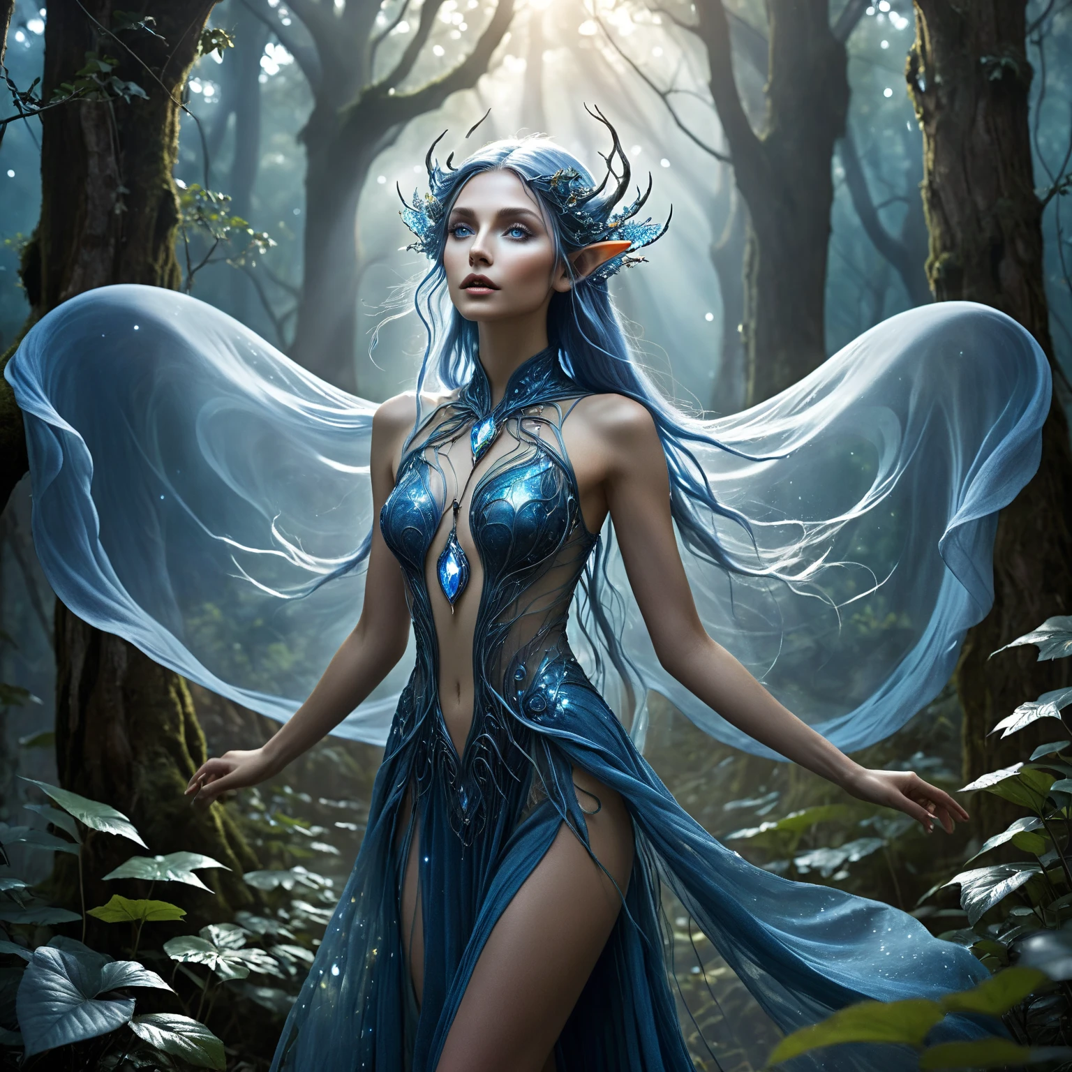 a delicate mythological creature in a forst clearing its skin like silk with a delicate pattern of spots and stripes that seemed to shimmer in the night, 8K, colorful lighting, vivid, ultra details, surreal photography ,blue,red,green,blue