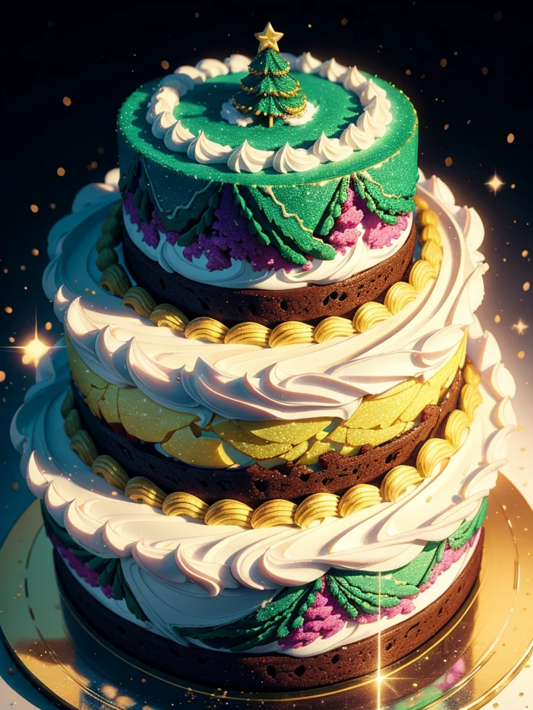 half of a sliced beautiful Christmas tree cake with colorful layers,   gradient fractal background 3d ,  high detail,  ultra-high image quality ,  bright lighting , Shine, Shine