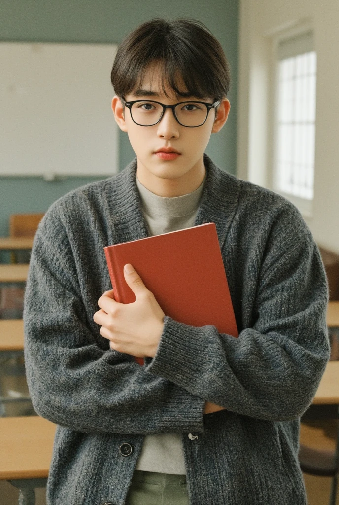 Handsome Korean male high school student.  He is very handsome . He's wearing black glasses . He is standing holding a book.  He's watching me . The background is a school classroom