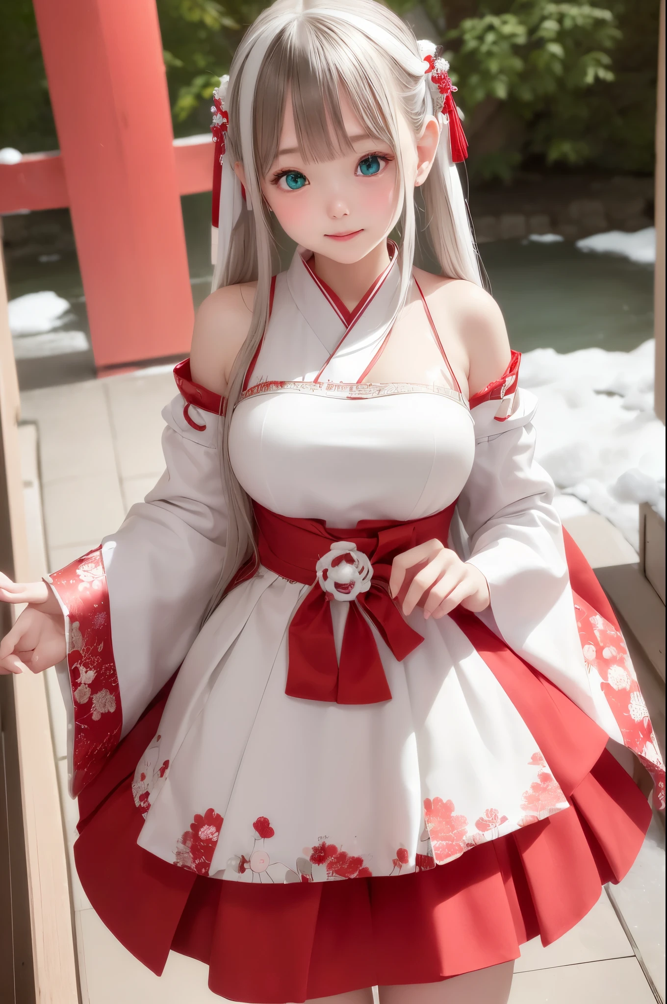 Anime - style girl in a white and red dress posing for a picture ...