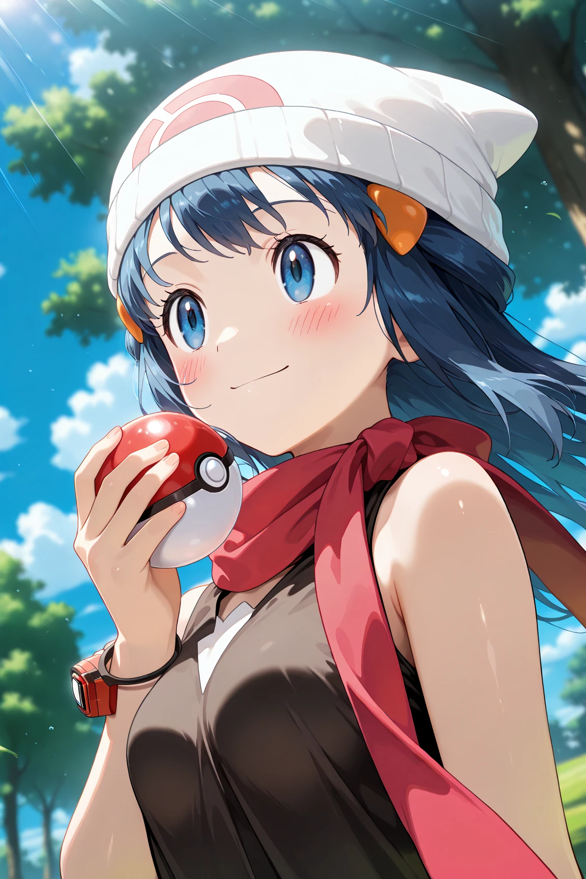 score_9, score_8_up, score_7_up, score_6_up, score_5_up, score_4_up, source_anime, aadawn, long hair, blue hair, beanie, white headwear, hair ornament, blue eyes, breasts, red scarf, sleeveless shirt, black shirt, wristwatch, bracelet, pink skirt, standing, outdoors, filed, flower, tree, holding poke ball, smile,

(realistic skin0.8),
Shiny, skin,

(blush:1.4), smile,
cinematic, dramatic, (blurry background:1.4), depth of field, 
1girl, solo, joyful, smile, dynamic pose, dynamic angle, from below, 
outdoors, nature,
(portrait:1.6),
(focus on face:1.2),
(closed-up shot:1.4),
sunny,
blue sky,
cloud,
sunlight,
wind,
looking away,