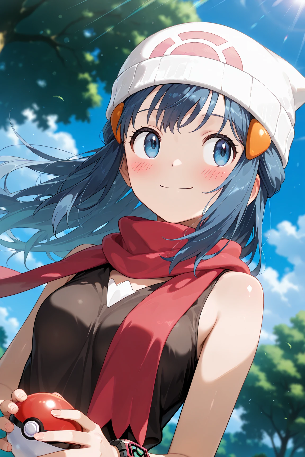 score_9, score_8_up, score_7_up, score_6_up, score_5_up, score_4_up, source_anime, aadawn, long hair, blue hair, beanie, white headwear, hair ornament, blue eyes, breasts, red scarf, sleeveless shirt, black shirt, wristwatch, bracelet, pink skirt, standing, outdoors, filed, flower, tree, holding poke ball, smile,

(realistic skin0.8),
Shiny, skin,

(blush:1.4), smile,
cinematic, dramatic, (blurry background:1.4), depth of field, 
1girl, solo, joyful, smile, dynamic pose, dynamic angle, from below, 
outdoors, nature,
(portrait:1.6),
(focus on face:1.2),
(closed-up shot:1.4),
sunny,
blue sky,
cloud,
sunlight,
wind,
looking away,