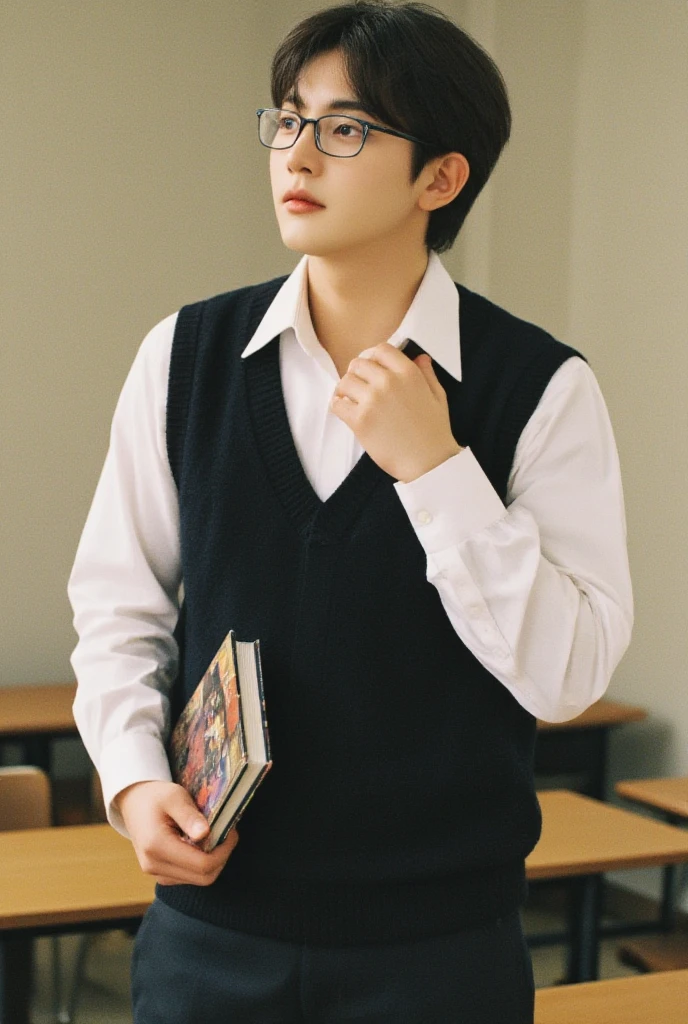 Handsome Korean male high school student.  He is very handsome . He's wearing black glasses . He is standing holding a book. He is wearing a white shirt and a black vest.  He's watching me . The background is a school classroom