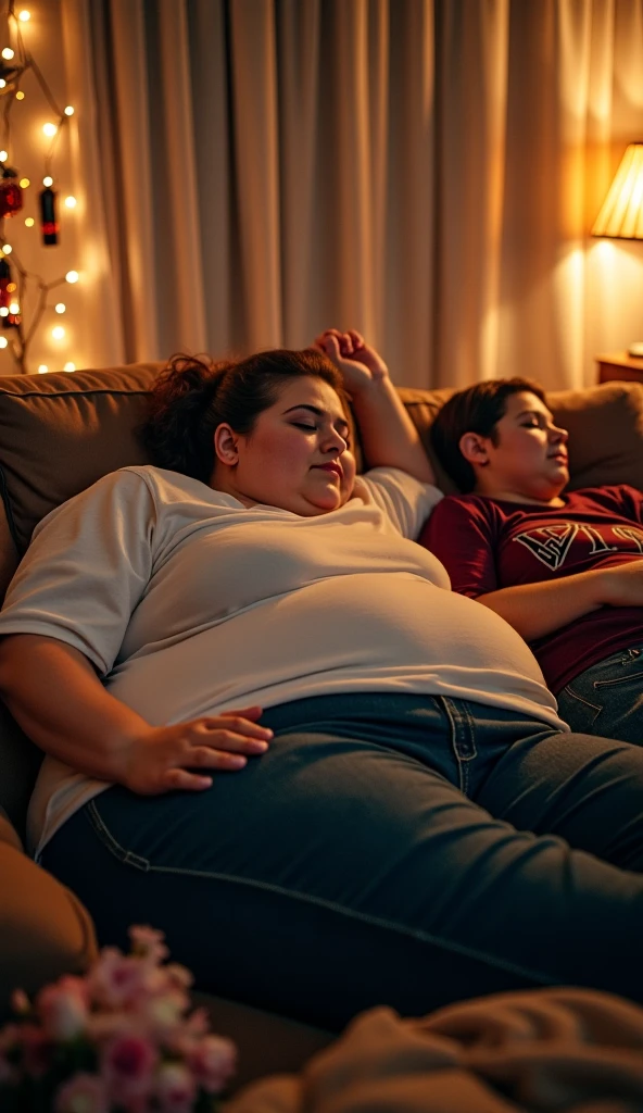 teenage man sleeping on belly big woman on floor