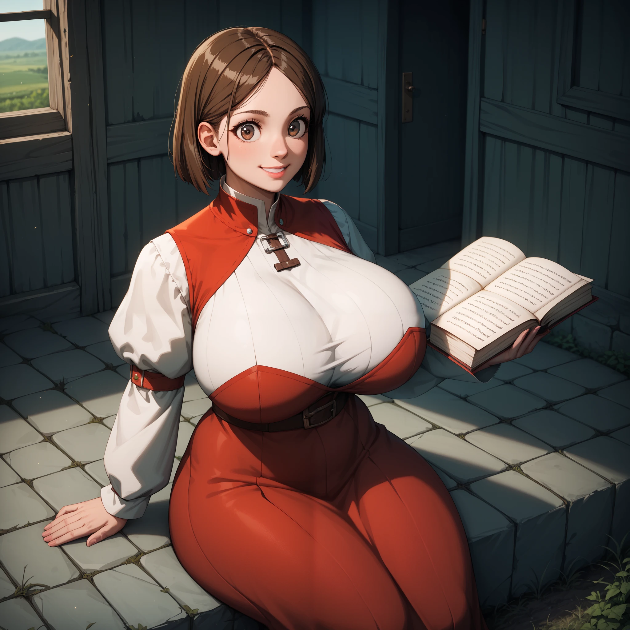 kuna2,  1girl. A medieval fantasy high angle portrait of 1girl, Takagi-san, takagi1, brown eyes, brown hair. She has brown hair, big round eyes. She has a tight medieval dress on. Short height. Short girl. Dwarf girl. She is smiling. She is holding a book. She is sitting. She has big breasts, massive breasts, massive boobs, thick thighs, very thick thighs.  High quality, Best quality, high detail, (very detailed), super detailed, detailed clothes. masterpiece, best quality, amazing quality, very aesthetic, absurdres, newest, scenery, sunset, warm colors, semi-realistic, anime.