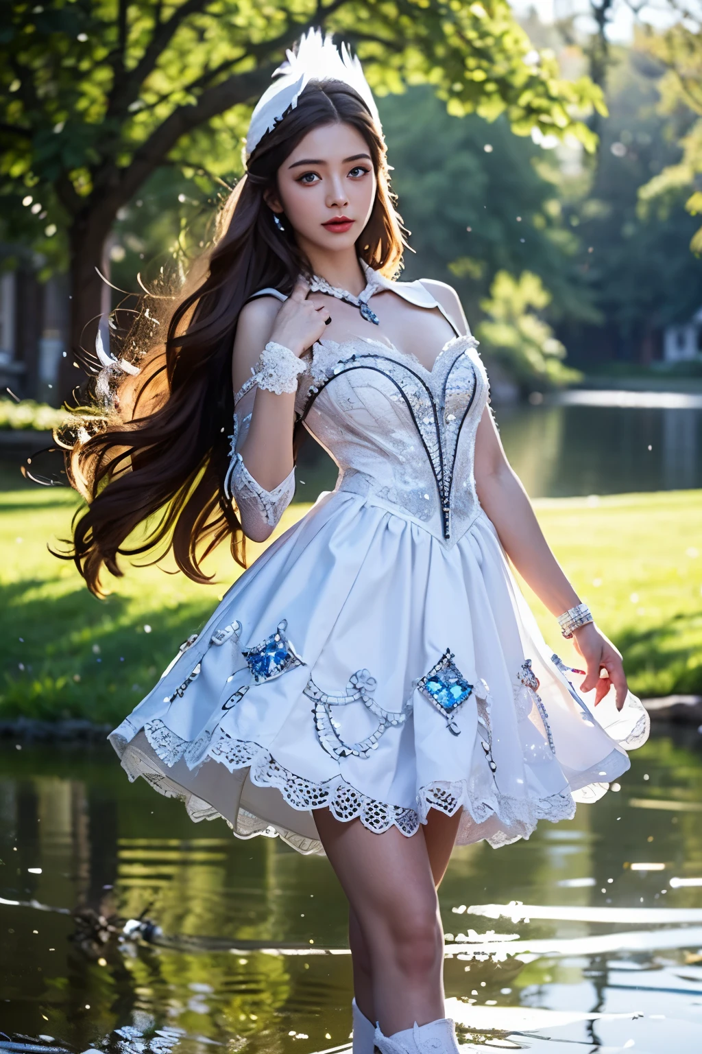 girl with long hair, bright brown hair, short white and blue dress, swan feather headdress, standing by the lake, beautifull face, pretty face, beautifull eyes, beautifull nose, raytracing, beautiful fingers, beautifull hands, pretty makeup, perfect anatomy, sharp eye, fresh lips, photorealistic, 8k, HDR, ultra-detailed, highly detailed face, extremely detailed eyes and lips, beautiful detailed eyes, beautiful detailed lips, longeyelashes, sharp focus, vivid colors, physically-based rendering, cheerful, playful, full body
