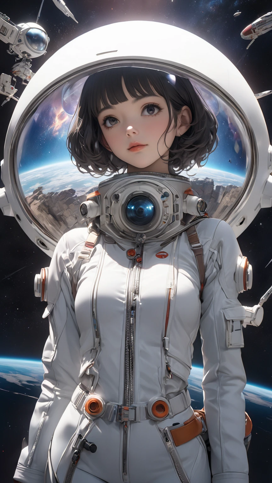 Top Quality, Masterpiece, High Resolution, 8k, ((cute girl in a oversized see through pajamas with small breasts, small hips, no lipstick, extremely detailed face and eyes, side cut hair, short sleeves, pixie asymmetrical hair, in a spaceship, on the bed))