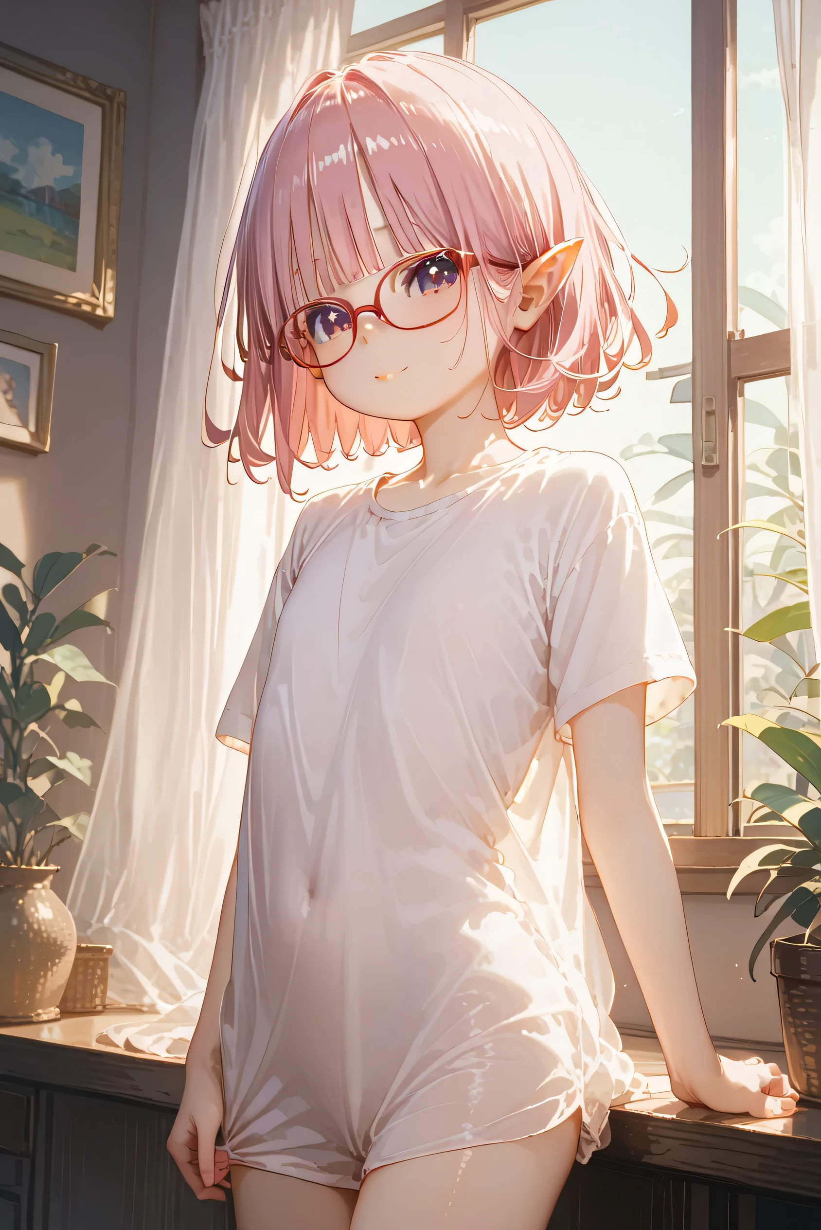 solo、 one womanの子、((( flat chest、4age、 slender body 、、:1.6))) one woman ,((( cute女の子)))、(( red glasses))、Young Face、 cute、 short bob hair :1.2、 milky pink hair、 Magenta Eyes 、Elf Ears:0.6、indoor、In front of the window、Strong light from the window、(Backlight:2.)、((large size white t-shirt:1.5))bottomless、(((cowboy shot:2)))