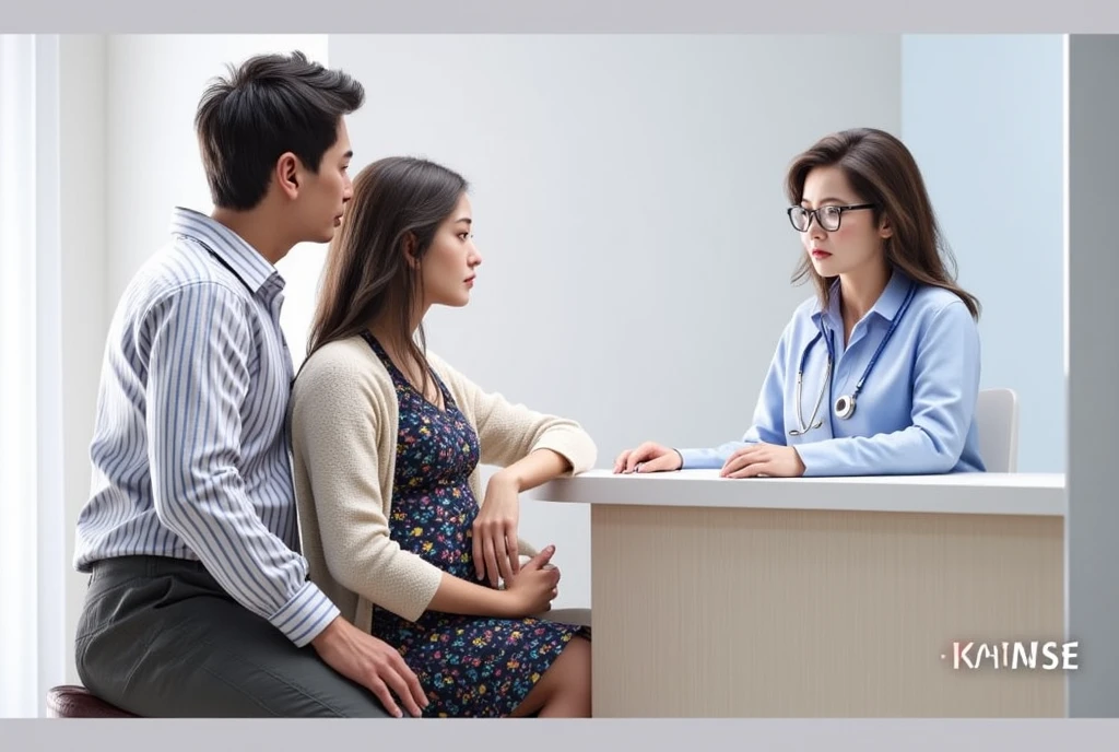 Thai husband and wife asking for advice from a nurse at the nurse's counter, white background. (best quality:1.3), photo-realistic, highly detailed, high resolution RAW photo, studio light, extreme detail, High definition, perfect shape, detailed face, detailed eyes, detailed lips, detailed nose, best quality, 4k, 8k, high resolution, masterpiece:1.2, ultra-detailed, realistic, photorealistic:1.37, HDR, UHD, super photography,