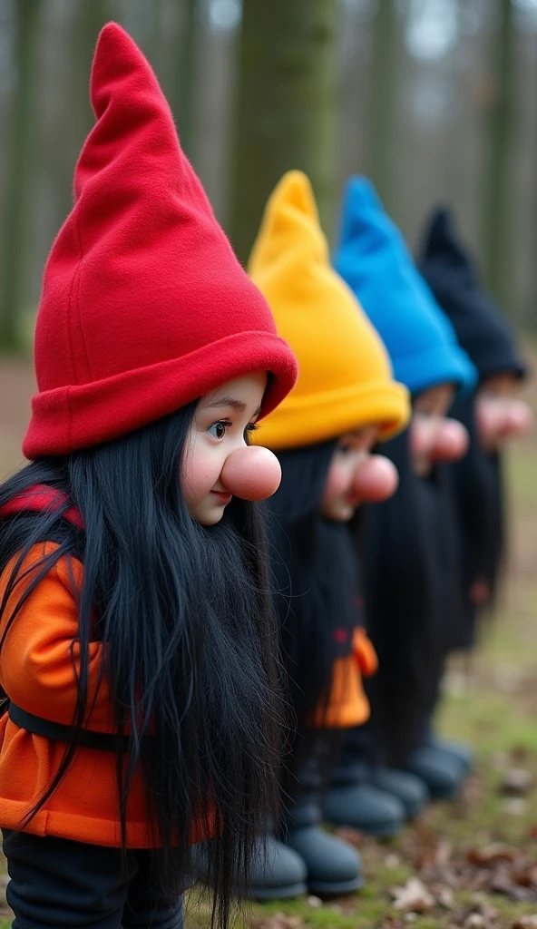 6 s 、Dressed like a dwarf、Wearing a triangular hat。 the first is a red hat 、 the second is an orange hat 、 the third is a yellow hat 、 the fourth is a blue hat 、 the fifth is a black hat 、The sixth one has a white hat 。