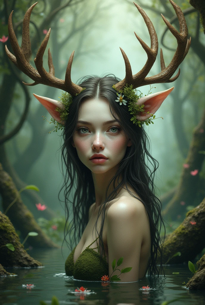 masterpiece, highly-detailed, hyper realistic, full-body shot of a small beautiful druid female laying on her back in the grass in the middle of the forest, perfect face features, thin deer-like nose, thick kissable parted lips, expressive glowing green eyes with sad look, pointy ears, curly ginger hair, stag horns, perfect small size body shape curvy and fit, hooved feet, Deer-like feet