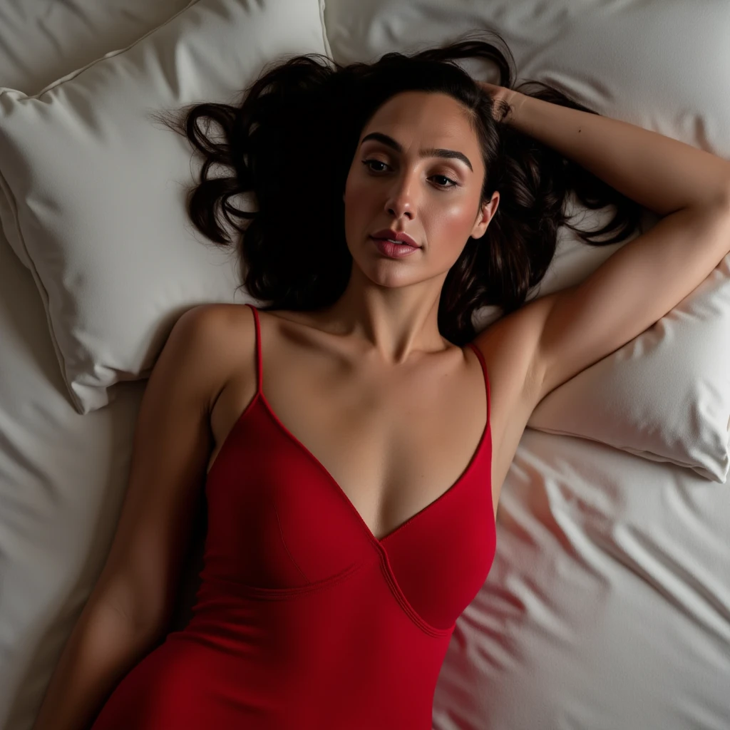 Gal Gadot, picture from above, lying limp on a bed with white sheets on back, red strapless dress, sleeping, closed eyes, head tilt, mouth slightly open, loose arms