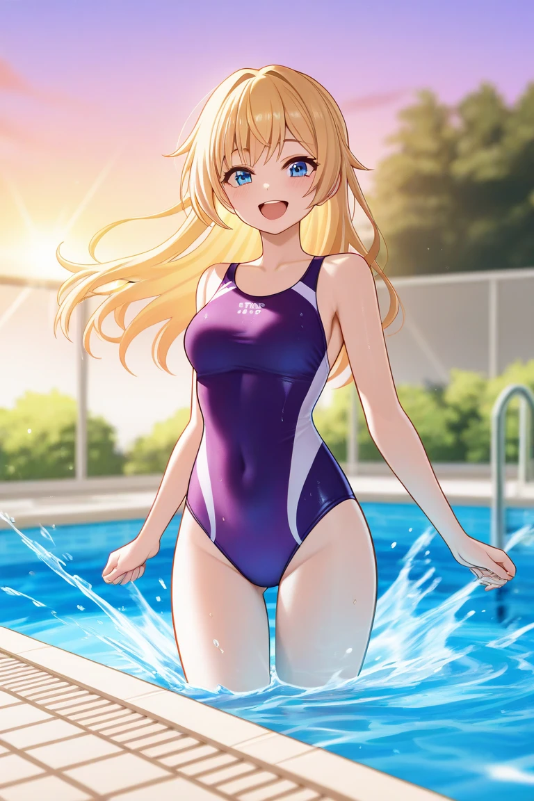 A cheerful young girl with bright blonde hair stands in the middle of a swimming pool, radiating joy and energy. She is wearing a simple purple swimsuit. Water splashes dramatically into the air as she raises both of her arms high, expressing pure happiness and excitement. The background features a garden scene with green trees and soft sunlight, evoking a summery and lively atmosphere. The anime style should be vibrant and colorful, with soft details that emphasize the warmth and fun of the moment