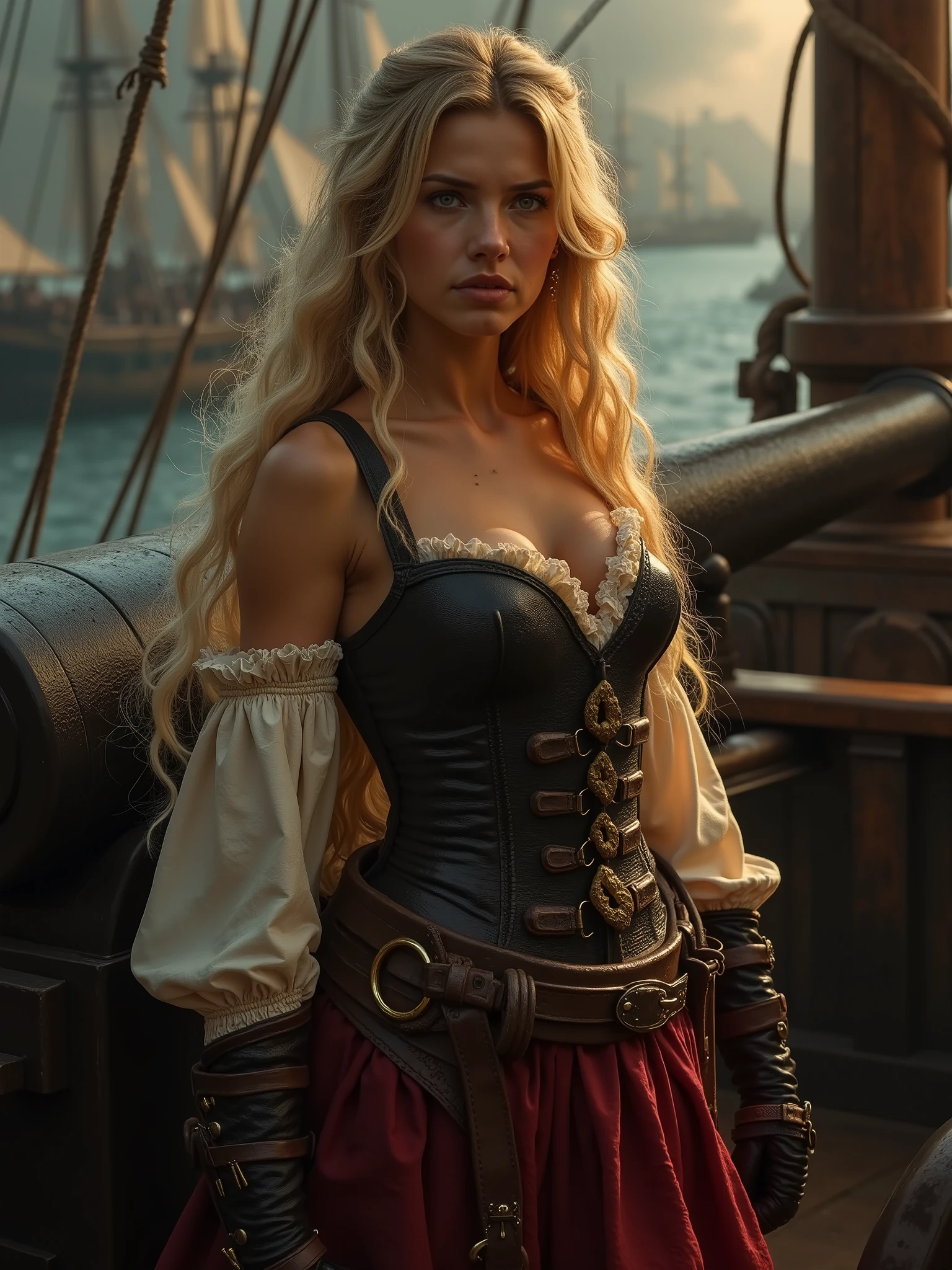 Blond woman in pirate costume standing on deck of ship with sail in ...