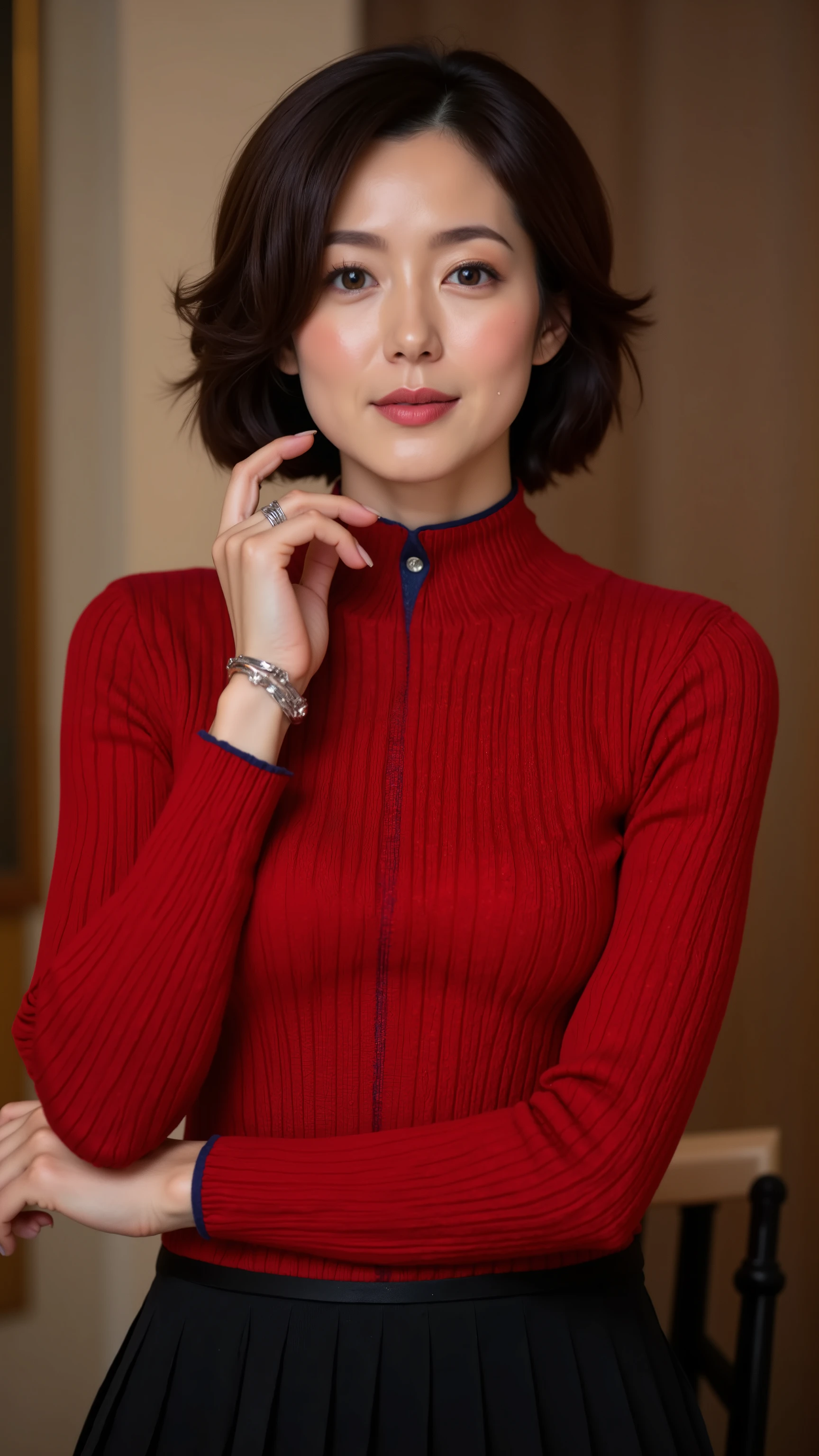 UHD, 16k, Masterpiece, top quality, Surrealism, Korean middle-aged woman, (( fair and clean skin)), ((  A red turtleneck sweater, a slightly fitted style with long sleeves, a mock neck on the neck, a contrasting navy detail on the collar and cuffs, a small, decorative button on the cuffs, a thin, dark line on the center front of the sweater, knit material, black pleated skirt, silver bracelet )) ((seductive pose))