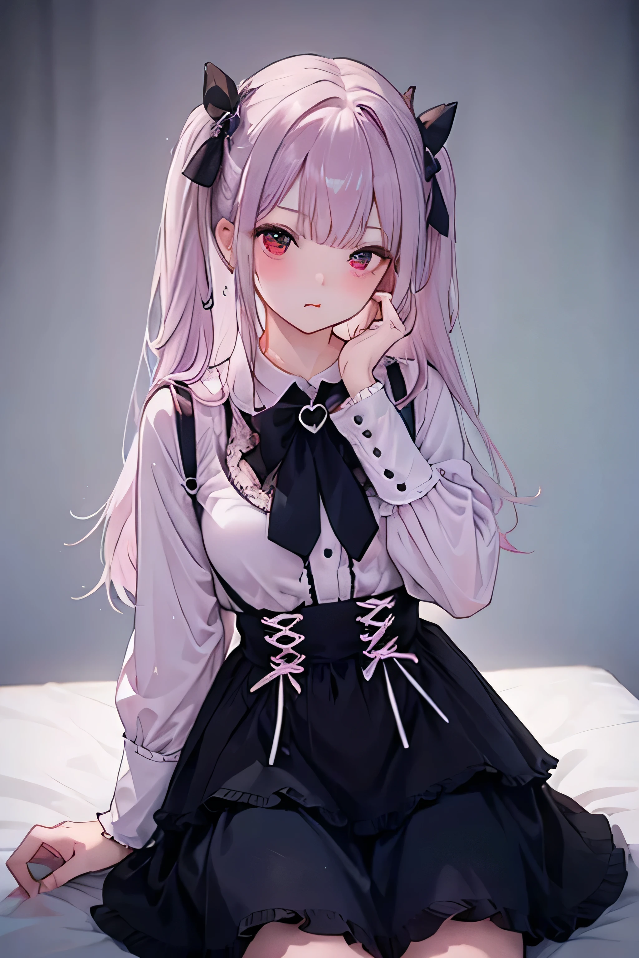 (( best quality)), ((masterpiece)), ((Ultra Details)), top quality, High resolution BREAK sit down BREAK chubby body type、 brown eyes、 is tall、(73 divisions :1.5)、BREAK long hair 、BREAK pink hair blunt bangs BREAK embarrassed Pouting mouth BREAK no background、18 years old、( white blouse:1.5)、(black skirt:1.5) 、8 Life-size