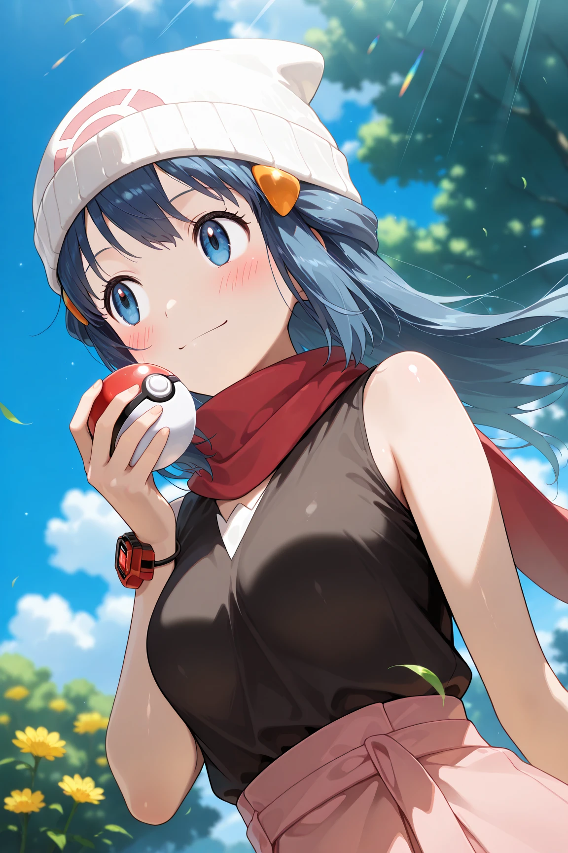 score_9, score_8_up, score_7_up, score_6_up, score_5_up, score_4_up, source_anime, aadawn, long hair, blue hair, beanie, white headwear, hair ornament, blue eyes, breasts, red scarf, sleeveless shirt, black shirt, wristwatch, bracelet, pink skirt, standing, outdoors, filed, flower, tree, holding poke ball, smile,

(realistic skin0.8),
Shiny, skin,

(blush:1.4), smile,
cinematic, dramatic, (blurry background:1.4), depth of field, 
1girl, solo, joyful, smile, dynamic pose, dynamic angle, from below, 
outdoors, nature,
(portrait:1.6),
(focus on face:1.2),
(closed-up shot:1.4),
sunny,
blue sky,
cloud,
sunlight,
wind,
looking away,