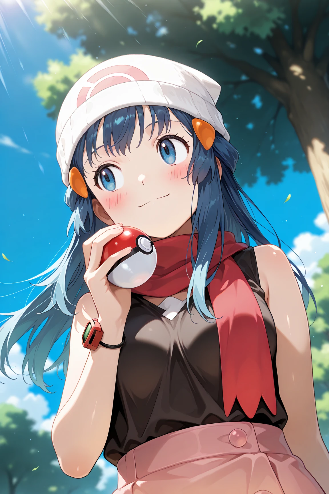 score_9, score_8_up, score_7_up, score_6_up, score_5_up, score_4_up, source_anime, aadawn, long hair, blue hair, beanie, white headwear, hair ornament, blue eyes, breasts, red scarf, sleeveless shirt, black shirt, wristwatch, bracelet, pink skirt, standing, outdoors, filed, flower, tree, holding poke ball, smile,

(realistic skin0.8),
Shiny, skin,

(blush:1.4), smile,
cinematic, dramatic, (blurry background:1.4), depth of field, 
1girl, solo, joyful, smile, dynamic pose, dynamic angle, from below, 
outdoors, nature,
(portrait:1.6),
(focus on face:1.2),
(closed-up shot:1.4),
sunny,
blue sky,
cloud,
sunlight,
wind,
looking away,