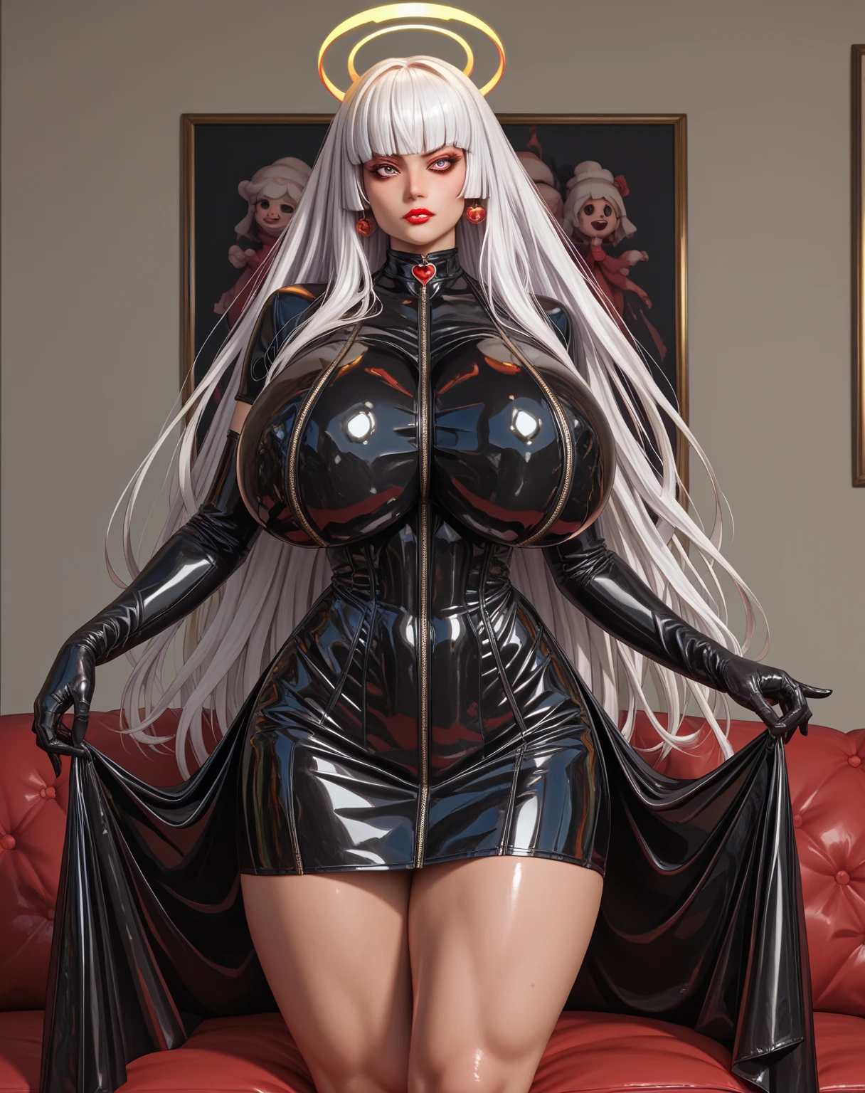 masterpiece, best quality, solo,  1girl, Lilit, latex dress, gloves, gigantic breasts, massive breast, halo latex skirt,mini ruffle skirt, stripe skirt, gloss skin, slender legs, long white hair, epic detailed,  style anime, real cartoon,perfect face, Реалистичная анатомия, Лучшее качество, Высокая детализация, room,