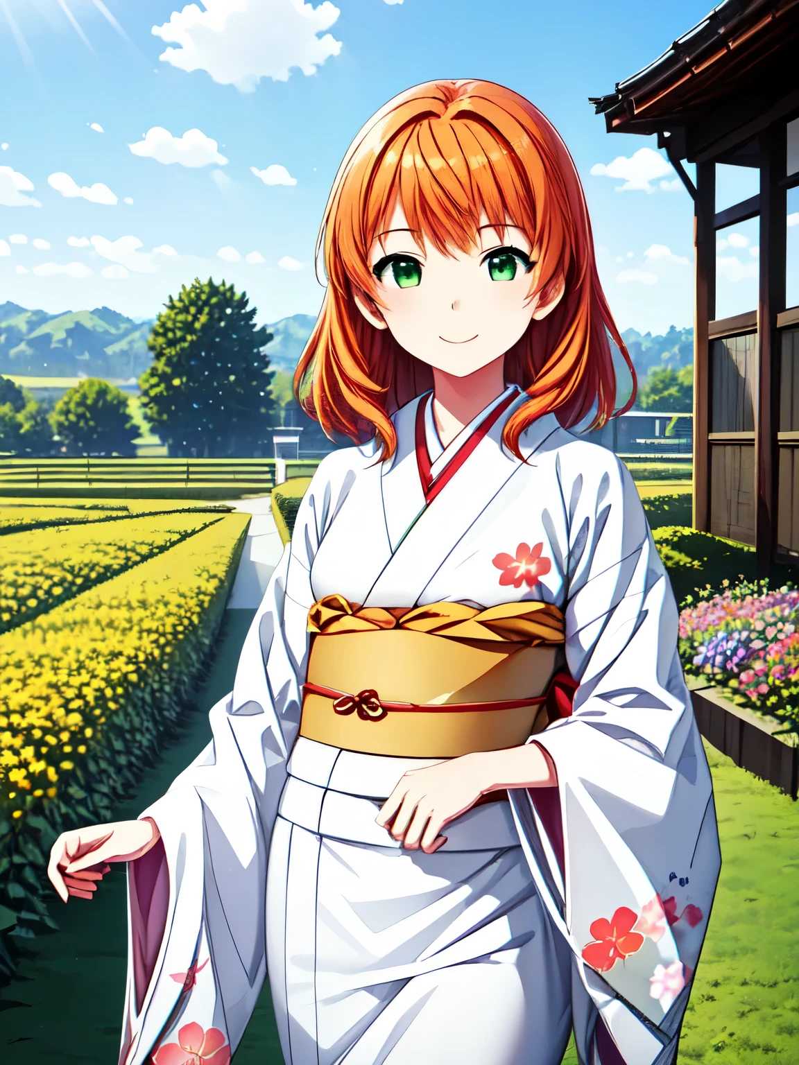  high definition,  top quality,  super high quality  ,Yuka_Sonobe、 one girl、solo 、( animated illustration style), shot from the front 、  super high image quality ,smile、  physical based rendering、Beautiful green eyes、 beautiful orange hair 、garden、 Beautiful flower-blooming grassland、 white Japanese kimono, ( Genuine、 photograph、 real:1.2)、 cowboy shot